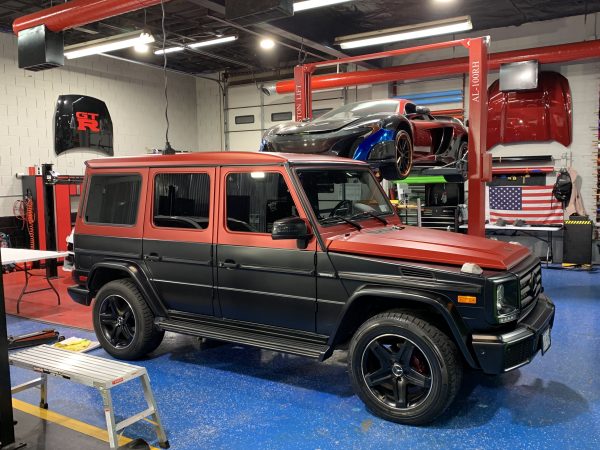 Mercedes G Wagon with red and black vinyl wrap
