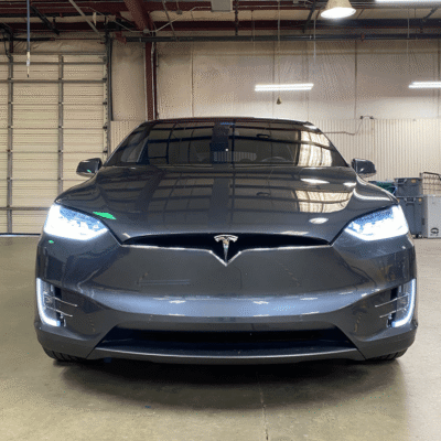 Front view of vinyl wrapped Tesla
